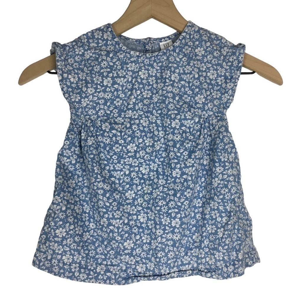 GAP Baby Dress Chambray Floral Bow Shoulder Lightweight Cotton Size 18-24M